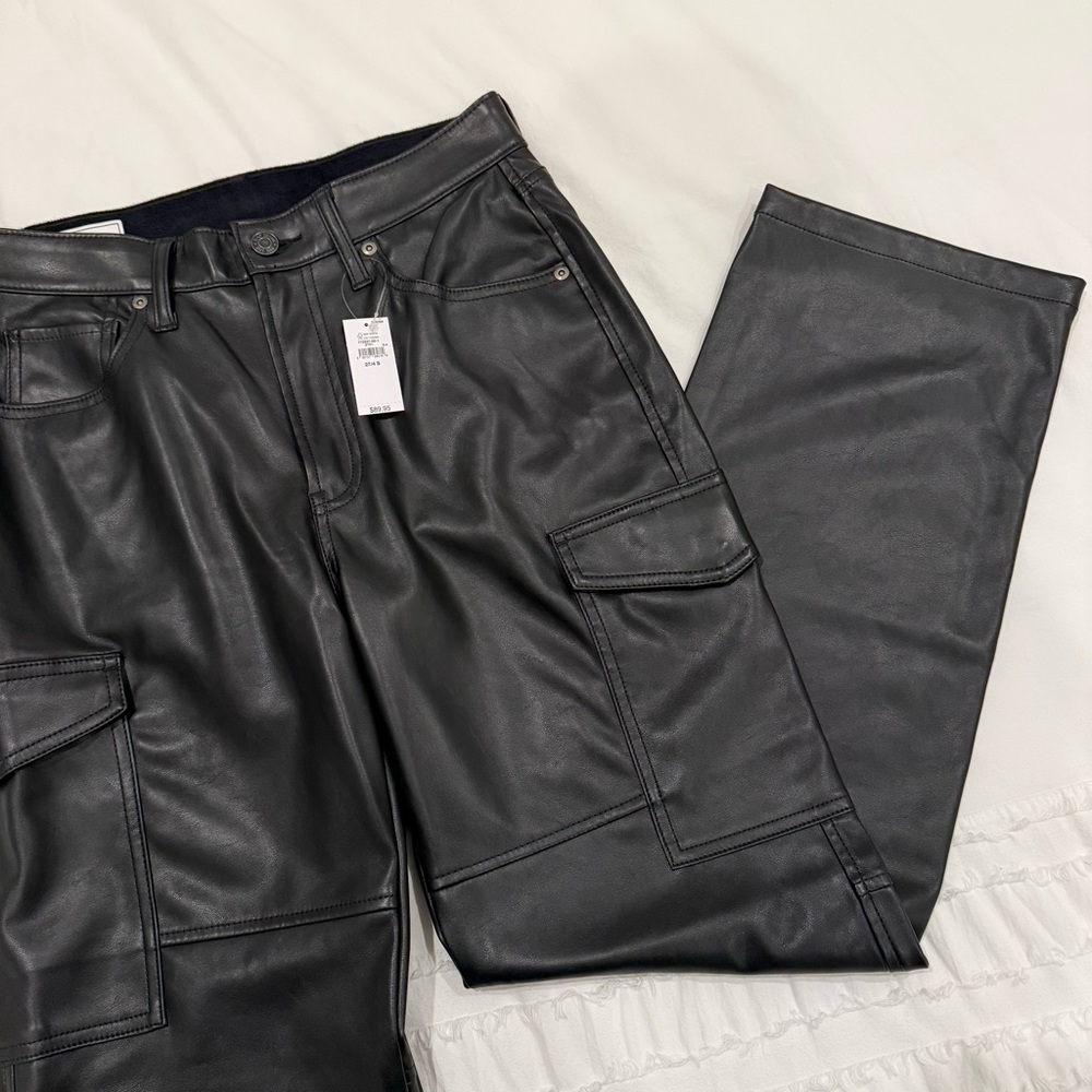 Black Faux Leather Cargo Pants